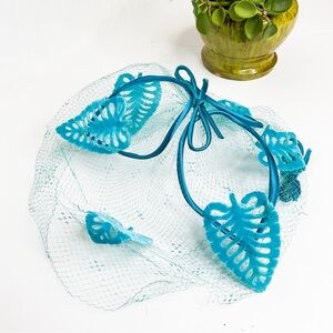Vintage Retro Blue Lace With Velvet Flower Face Veil